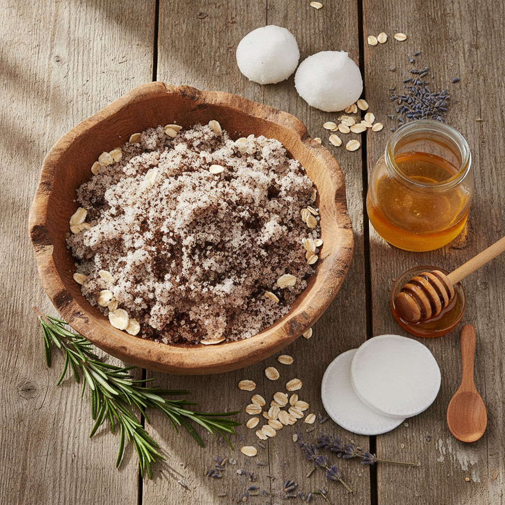 natural exfoliating scrub in bowl with ingredients