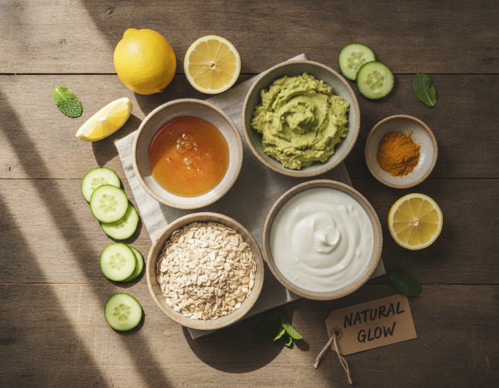 natural face mask ingredients including honey avocado and yogurt