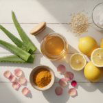 natural ingredients for clear skin arranged on wooden table with fresh aloe vera honey and lemon