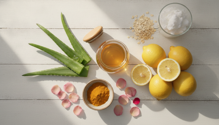 natural ingredients for clear skin arranged on wooden table with fresh aloe vera honey and lemon
