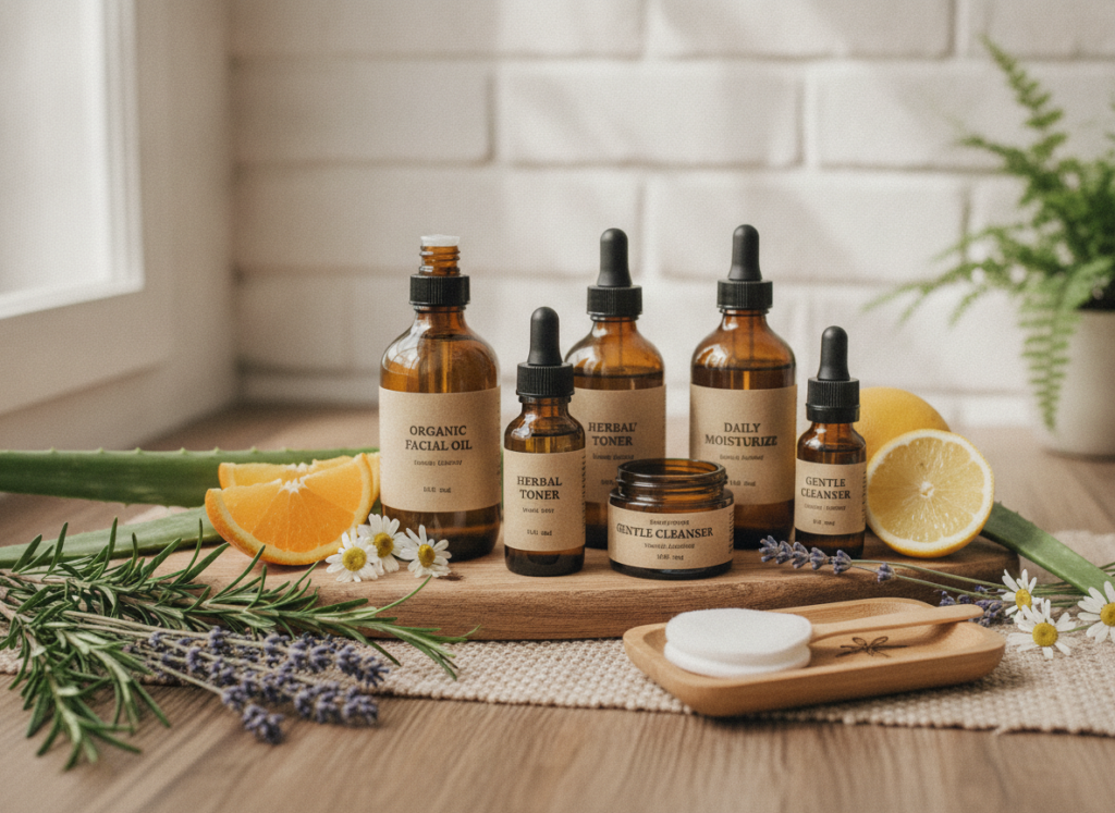 natural organic skincare products arranged beautifully