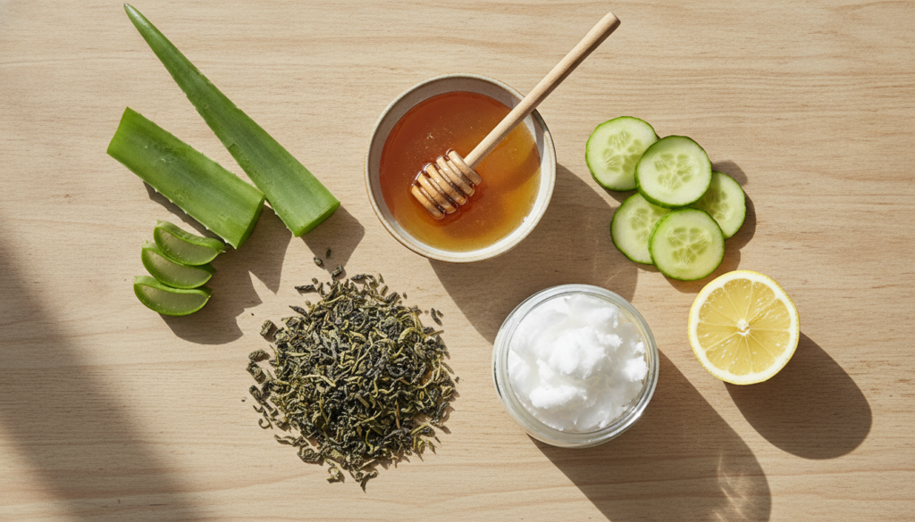natural skincare ingredients including honey aloe vera and green tea arranged beautifully