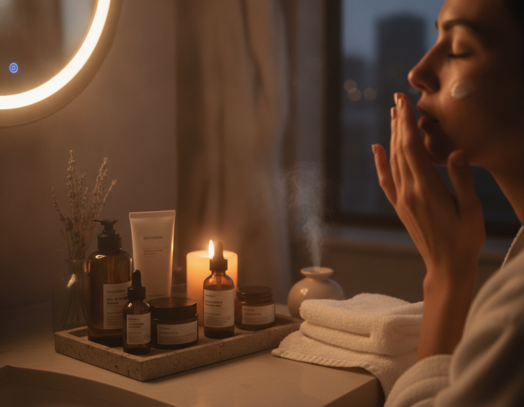 nighttime skin care routine application on bathroom counter nighttime skin care routine application on bathroom counter