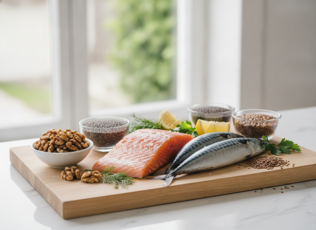 omega-3 fatty acids sources including salmon, mackerel, walnuts, and flaxseeds for healthy skin