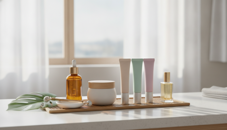 organized skin care essentials products on clean bathroom counter