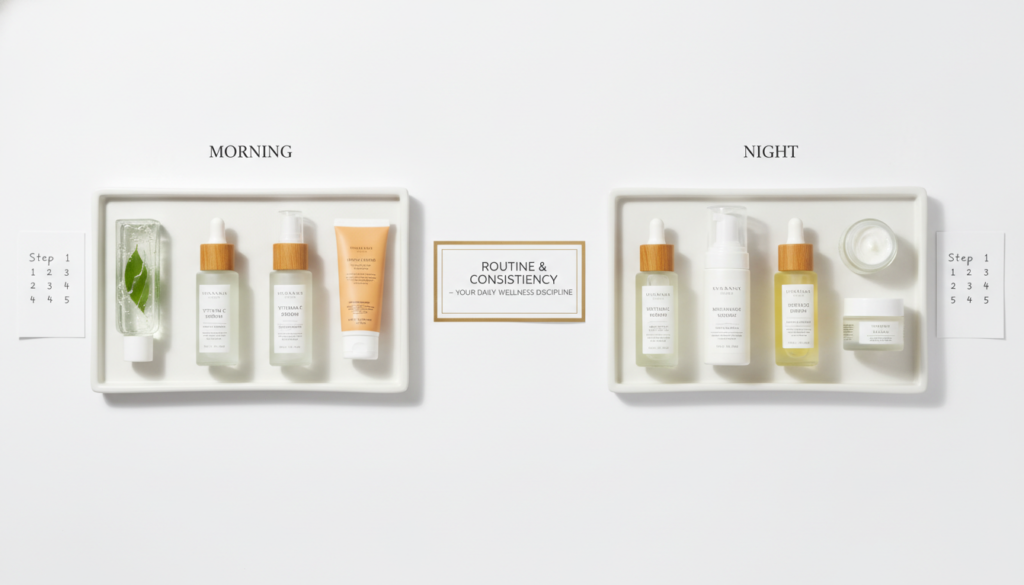 organized skincare routine products laid out systematically