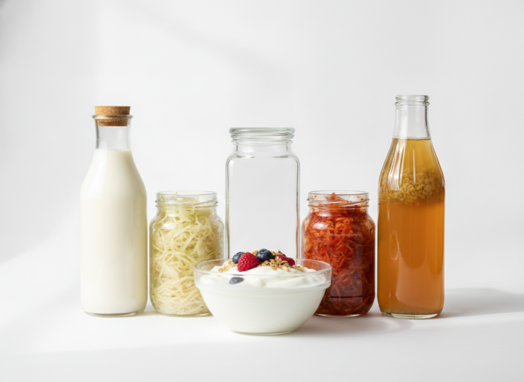 probiotic-rich foods including yogurt, kefir, and fermented vegetables for skin health