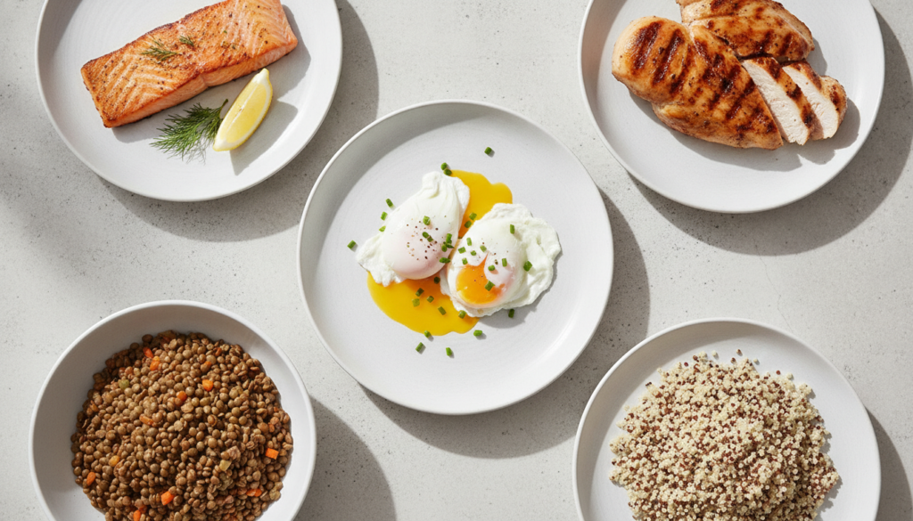 protein-rich foods including eggs, fish, legumes, and chicken for skin health