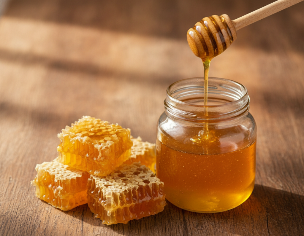 raw honey in glass jar with honeycomb for clear skin treatments
