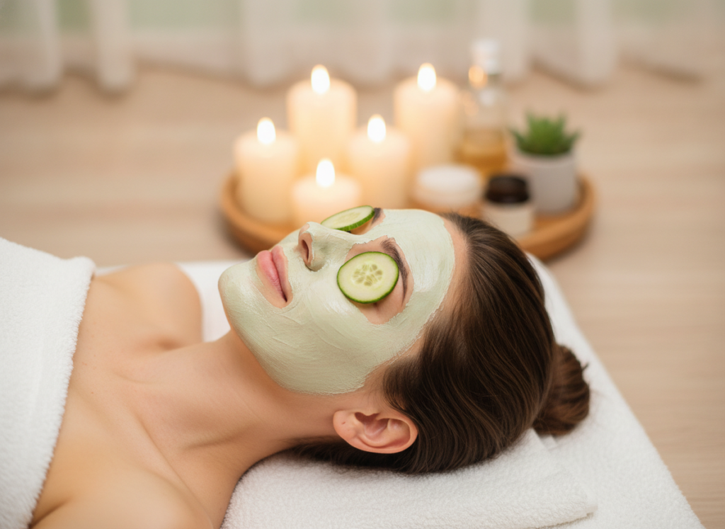 relaxing spa-like face mask treatment at home setting