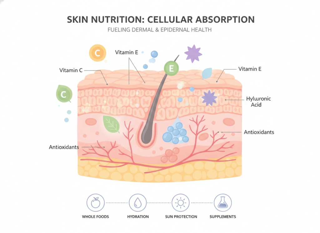 scientific illustration showing skin layers and nutrients vitamins penetrating skin cells for health and radiance