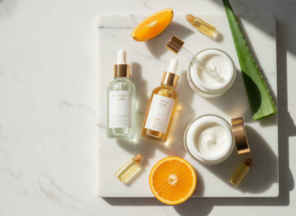 skincare products and natural ingredients arranged on white marble surface