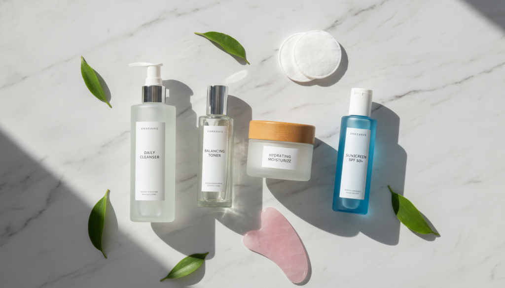 skincare products arranged for morning routine to get healthy skin