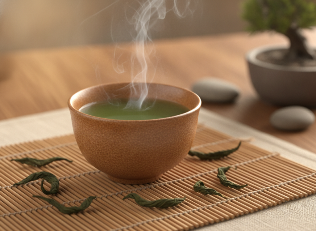 steaming cup of green tea with fresh tea leaves antioxidants for skin health