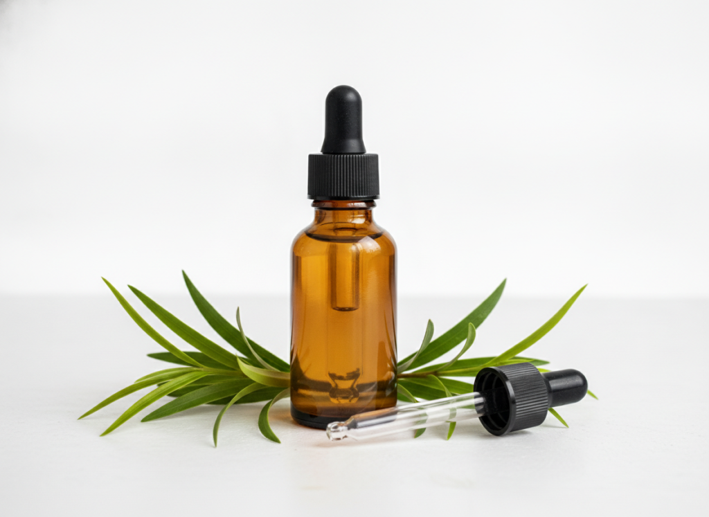 tea tree essential oil bottle for acne treatment