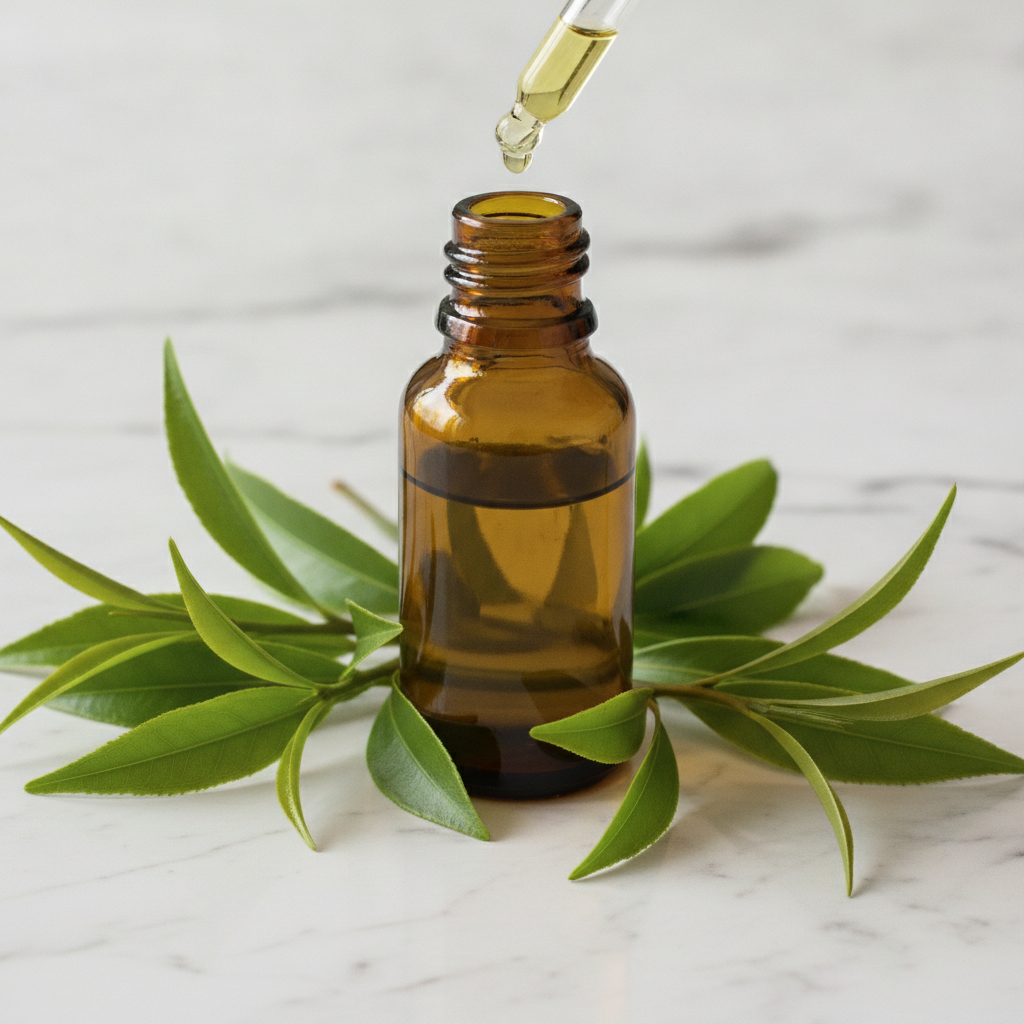 tea tree essential oil bottle with fresh tea tree leaves