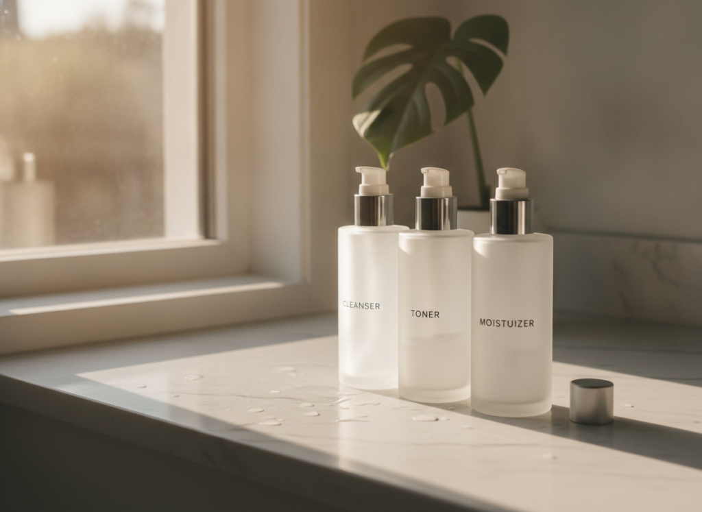 three-step skincare routine products cleanser toner moisturizer on bathroom counter