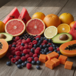 variety of colorful fresh fruits arranged on wooden table for glowing skin benefits