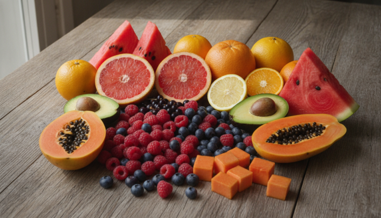 variety of colorful fresh fruits arranged on wooden table for glowing skin benefits