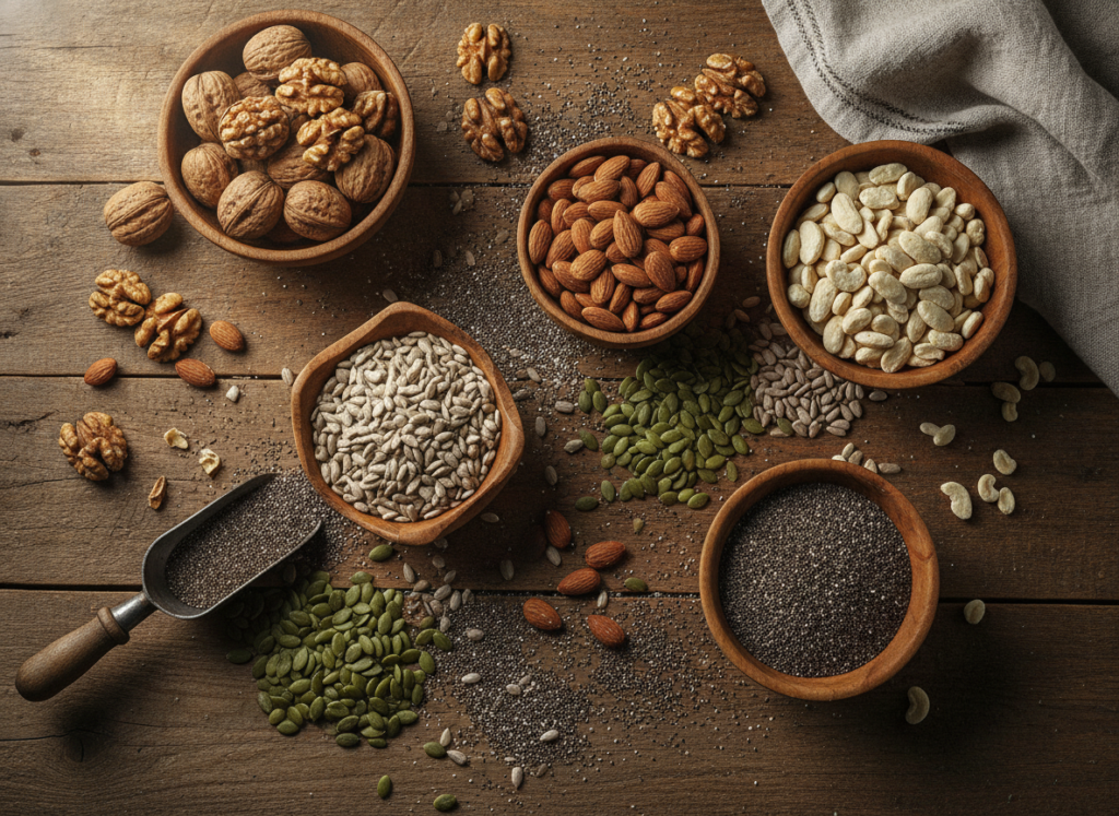 variety of nuts and seeds including walnuts almonds and sunflower seeds rich in nutrients for skin health