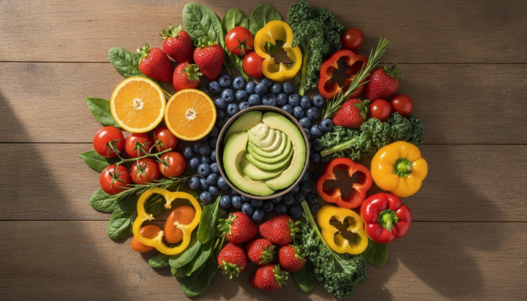 vibrant colorful array of fresh fruits and vegetables for glowing skin including berries avocados leafy greens and citrus fruits arranged on rustic wooden table