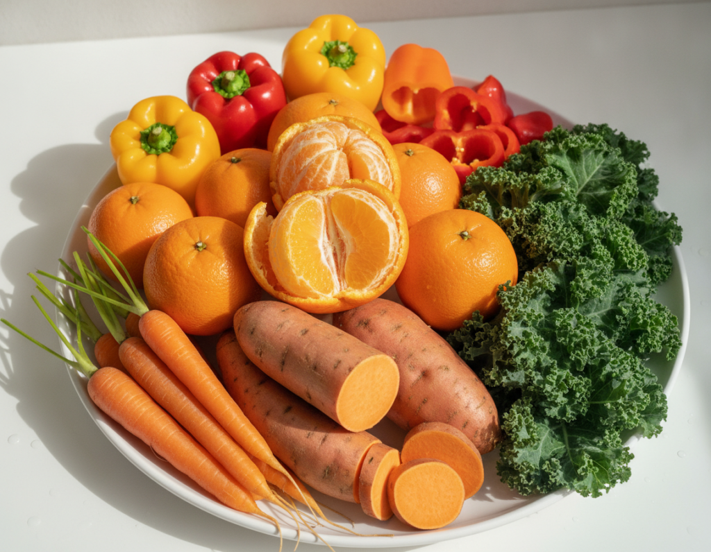 vitamin-rich foods including citrus fruits, sweet potatoes, and leafy greens for healthy skin