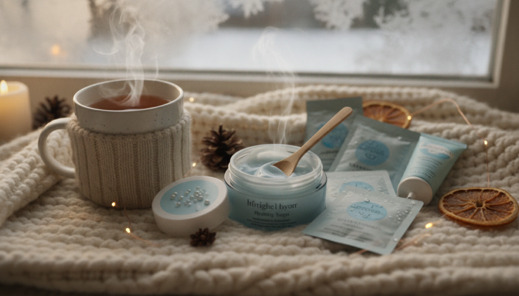 winter skincare face mask products and cozy setting