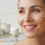 woman applying anti aging skin care serum with natural ingredients and glowing complexion