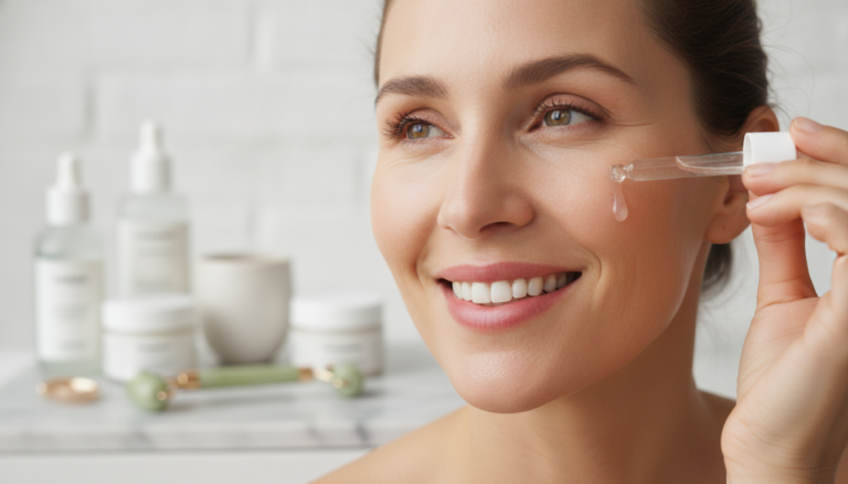 woman applying anti aging skin care serum with natural ingredients and glowing complexion
