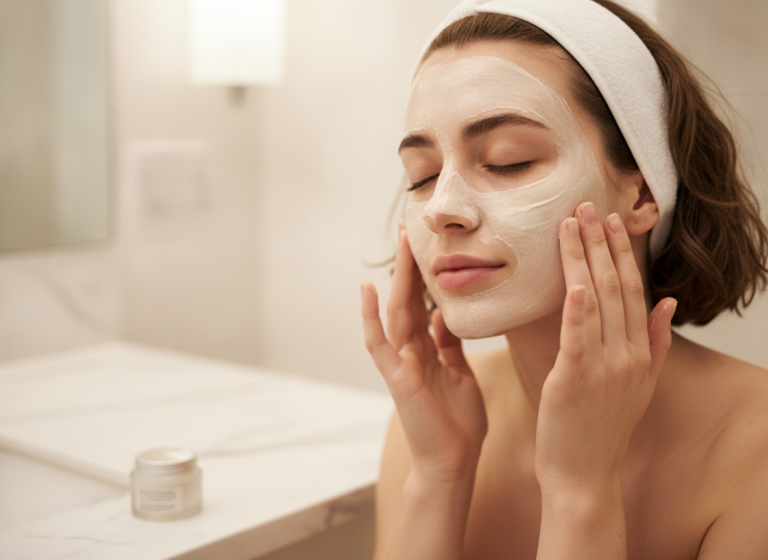 woman applying face mask for glowing skin in bathroom mirror