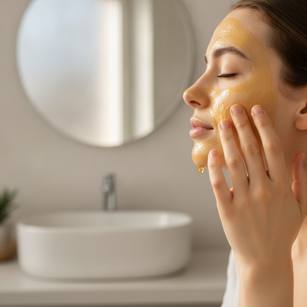 woman applying honey face mask for moisturizing benefits