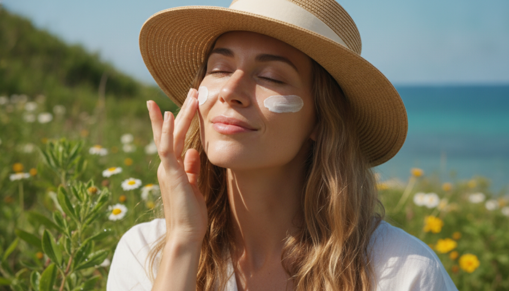 woman applying natural sunscreen to face outdoors