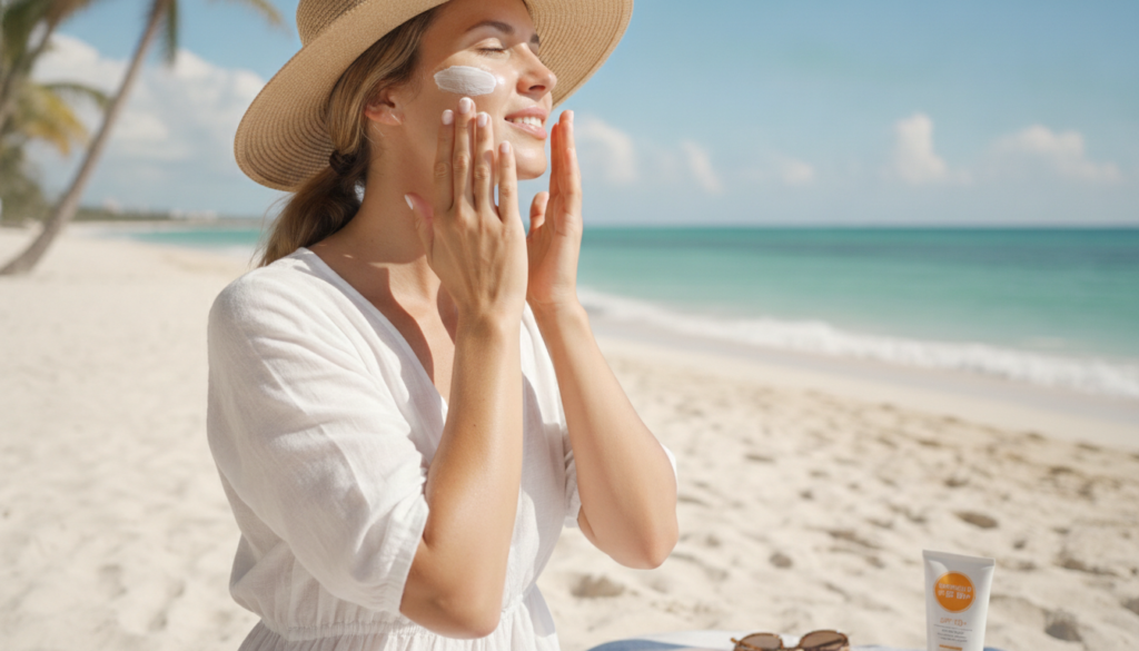 woman applying sunscreen for healthy skin protection outdoors