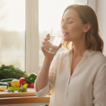 woman drinking clear water for healthy glowing skin complexion
