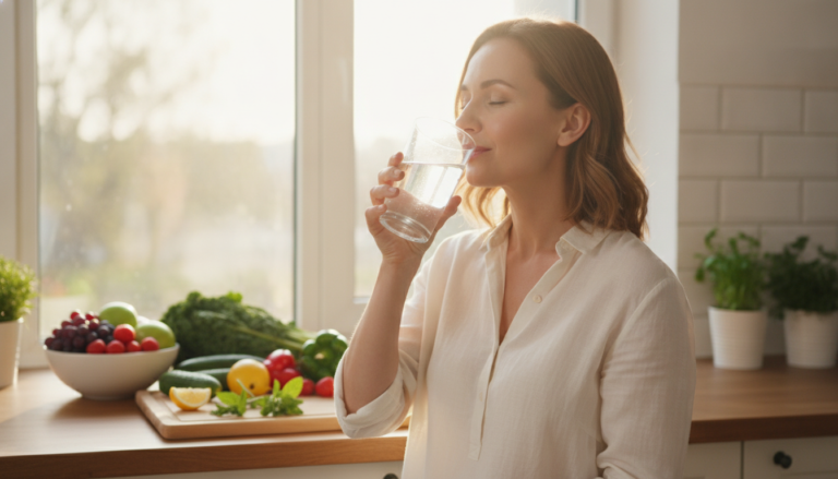 woman drinking clear water for healthy glowing skin complexion