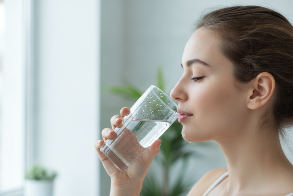 woman drinking water from a glass with clear glowing skin