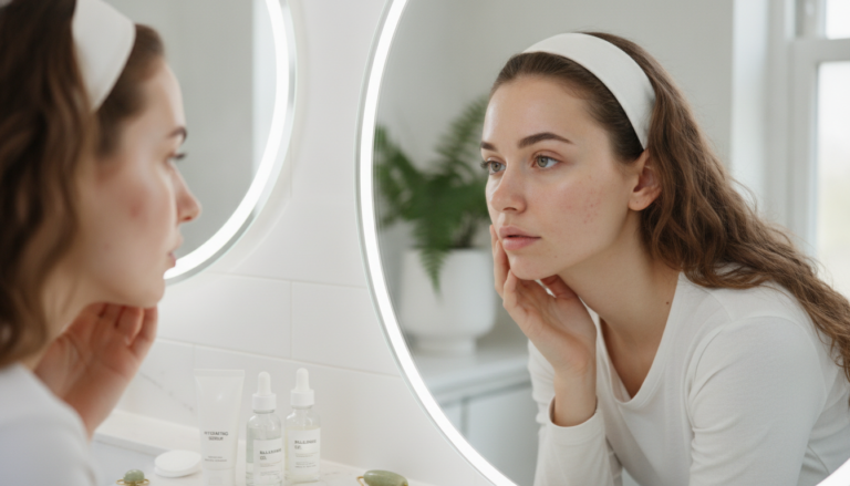woman examining her combination skin in mirror showing oily t-zone and dry cheeks