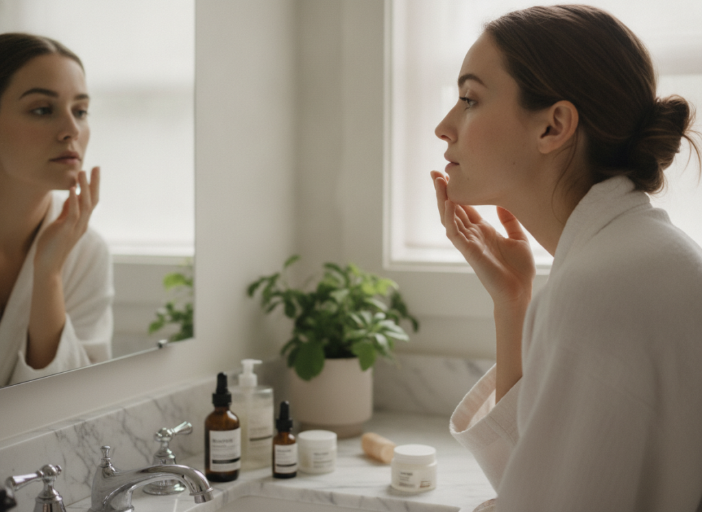 woman examining her skin in mirror for skin type assessment woman examining her skin in mirror for skin type assessment
