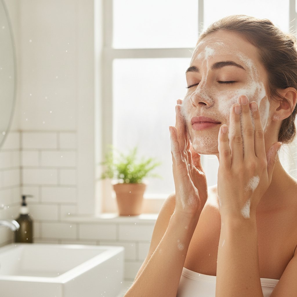 woman gently cleansing face with natural cleanser