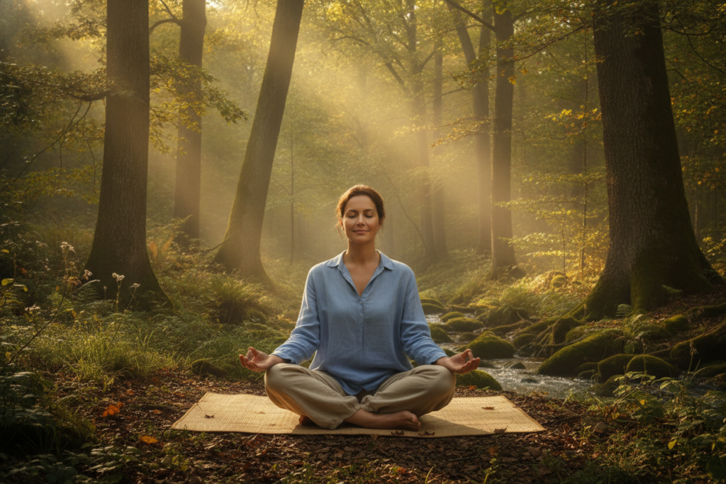 woman meditating peacefully in nature for stress relief and skin health