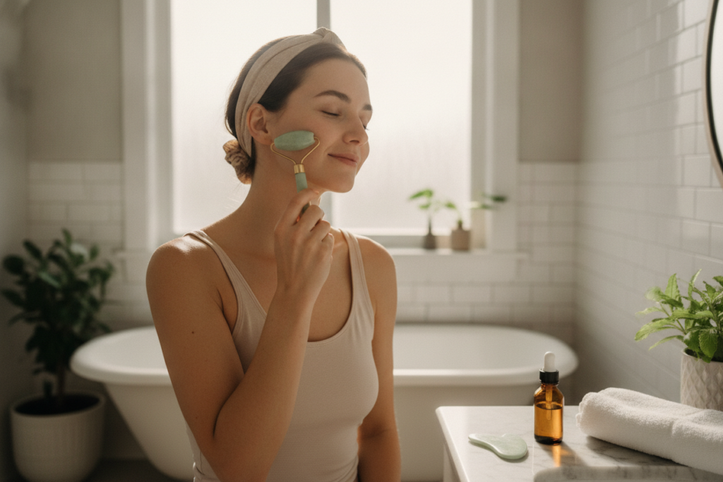 woman performing facial massage with jade roller