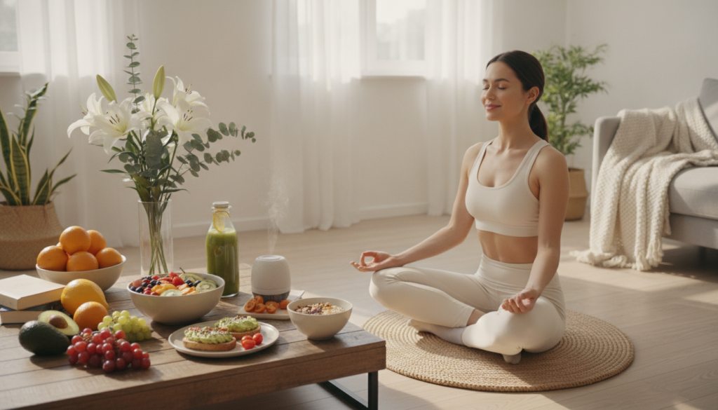 woman practicing healthy lifestyle yoga meditation and eating nutritious foods for glowing skin