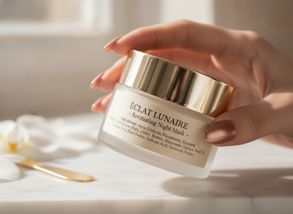 woman reading face mask product label and ingredients