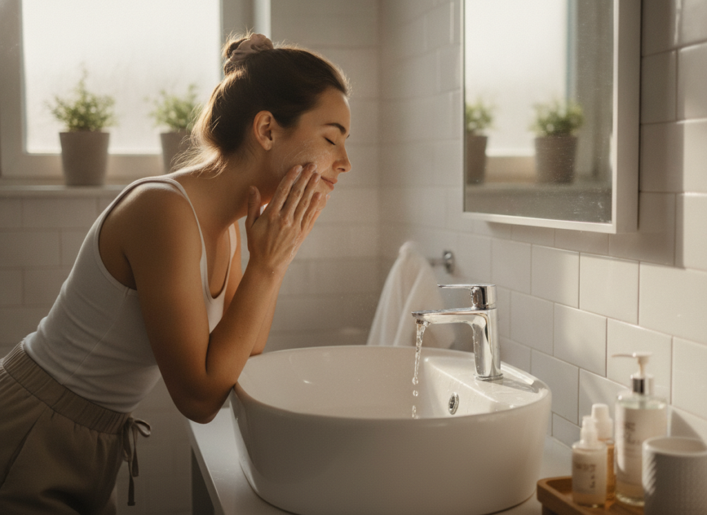 woman washing face with warm water for healthy skin care
