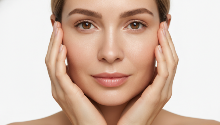 woman with glowing healthy skin touching her face gently
