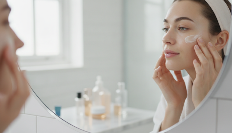 woman with glowing skin looking at mirror applying skincare product