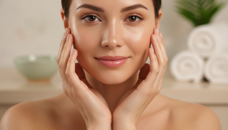 woman with healthy glowing skin touching her face gently