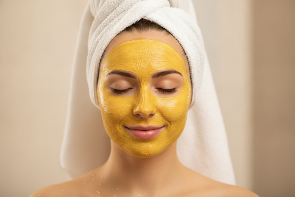 woman with honey turmeric face mask applied