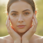 woman with natural clear skin touching her glowing face in natural sunlight