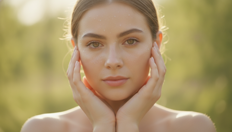 woman with natural clear skin touching her glowing face in natural sunlight